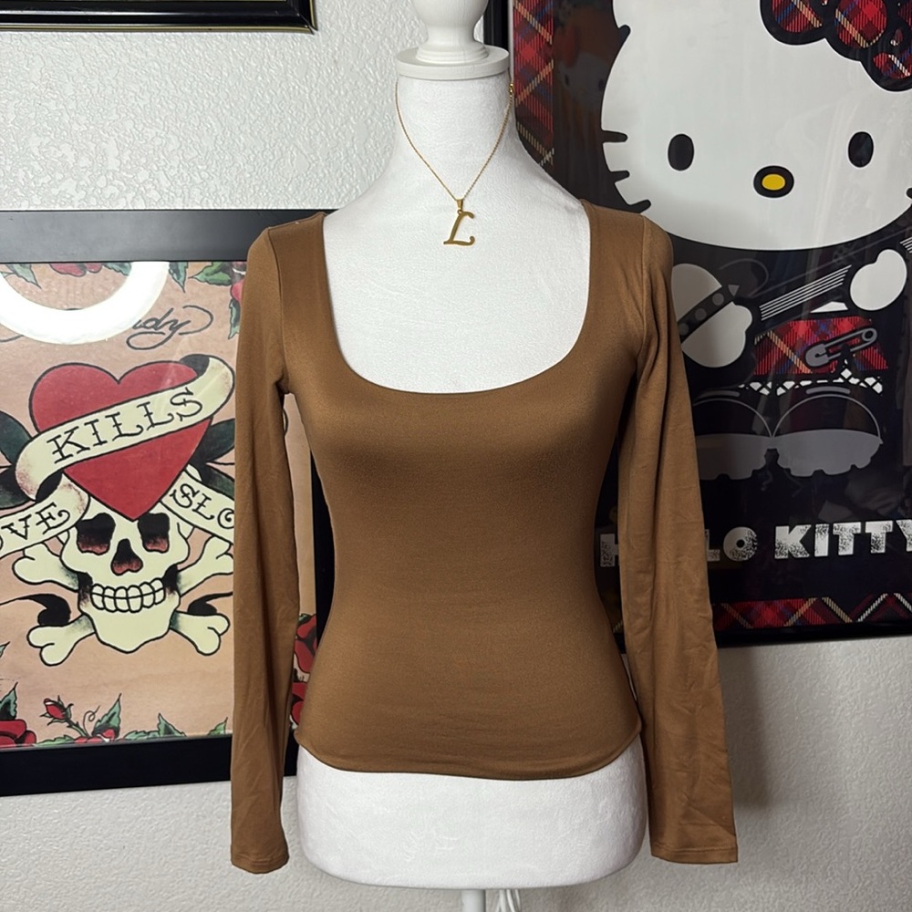 LA Seduction Tan Buttery Soft Double Lined Scoop Neck Long Sleeve Top